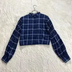 ☆【ドゥドゥ】F 紺系 チェック柄 シャツ 長袖 ショート丈 ノーカラー 春秋のサムネイル