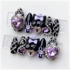 〖 現品 〗ネイルチップ146量産型地雷系ブラック黒パープル紫ゴテゴテ韓国y2k