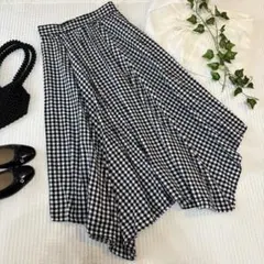【美品✨】ギンガムチェックフレアロングスカート ブラック ホワイト ブラック