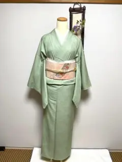 正絹　袷　色無地調小紋　薄緑　一つ紋入り（抜き紋）身丈（肩から）158.5㎝