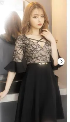 【値下げ‼️】 ヌーディーレース★五分袖Aラインミニドレス