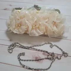 【美品】3WAY パーティーバッグ 結婚式 パール フリル オーガンジー