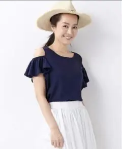 U067*Used!!INGNI/イング★肩あきフリル袖トップス✩ネイビー♪Ｍ