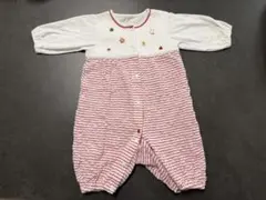 familiar50-60cm アイボリー×赤ボーダー長袖2WAYオール