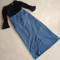 PAGEBOYブルー デニム風 スウェード調ロングスカートセンタースリット