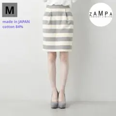 ZAMPA(ザンパ)ライトグレー×オフホワイト ボーダー 膝丈タイトスカート Mのサムネイル