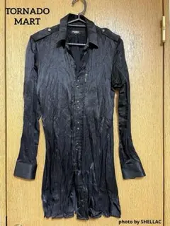 TORNADO MARTシワ加工 シルク調 ブラックロングシャツ