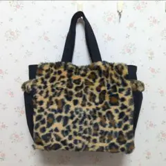 ハンドメイド　ヒョウ柄ファー　トートバッグ　サイドポケット付き