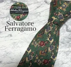 極美品 Salvatore Ferragamo ネクタイ 馬総柄 グリーン