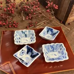 染付 色絵 青磁 菱形 束ね熨斗形等 豆皿 猪口 8種8枚 骨董