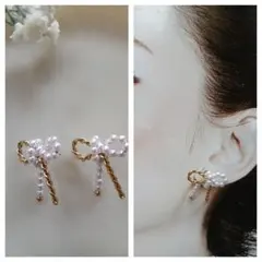 メタルと パールのリボンピアス