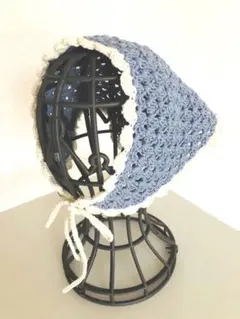 【ハンドメイド】可愛い❤️バブーシュカ　レディース　コットン　春夏　サックス&白