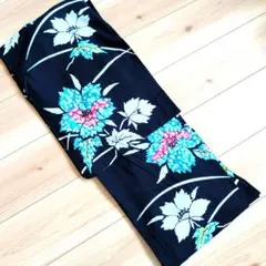 大人可愛い✨ レトロ　花柄 浴衣 綿100%？ ネイビー　紺　夏祭り 花火大会