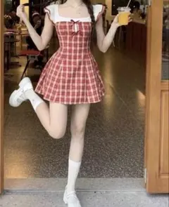 レッドチェック柄 半袖ワンピースのサムネイル