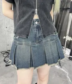 Figments プリーツヘムフリンジデニムミニスカート Mサイズ