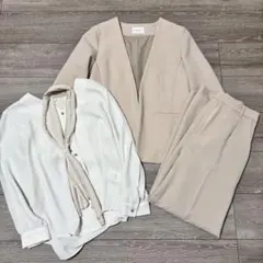 スーツスクエア 上下スーツ ボウタイ付き8分袖ブラウス 3点セット