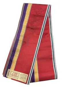 博多織 【花柄 、半幅帯、小袋帯、特撰 赤×縞文様 362cm 美品】