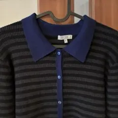 ニコアンド　フリルカフスリブカーディガン　チャコールボーダー　L