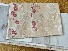 半幅帯 リバーシブル　古典柄 丸文 四季花 銀鼠 夏着物 浴衣 上品のサムネイル