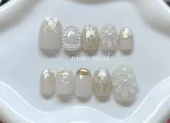 ぷっくり　フラワー　ニュアンス　ネイルチップ　ホワイト　ブライダル　結婚式