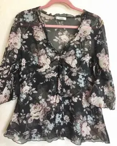 チュニックトップス Mブラックローズ柄シフォン