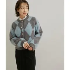 Vis ビス　アーガイル柄　シャギーニット　カーディガン　チャコール