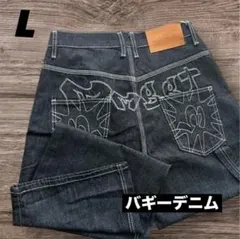 バギーデニム　刺繍　L ワイド　Y2K ストリート　グランジ　極太　男女兼用