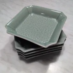 江戸時代 後期 古伊万里 青磁 陽刻 獅子 花文 角皿 5客 向付 取皿 菓子