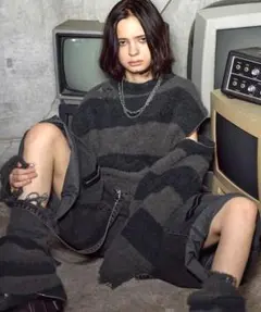 S 黒 LILL(ERAR)ジップアームハイダメージハイギミックボーダーニット