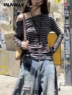 SHEIN INAWLY ボーダー オフショルダー 長袖Tシャツのサムネイル
