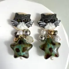 猫　キラキラビーズ×レオパード星アッシュブルーピアス/イヤリング◆猫イヤリング
