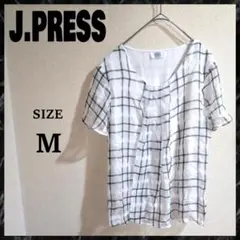 J.PRESS 格子柄 チェック柄 シアーブラウス 白 黒 半袖 春夏 Mのサムネイル