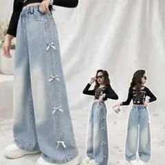 リボン付きデニムワイドパンツ キッズ 韓国風 120cm