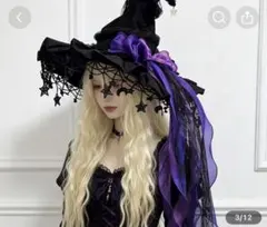 ゴシック 魔女帽子 ハロウィン コスプレ　パープルリボン