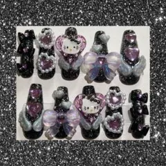 現品 ネイルチップ 黒 ラメ ハート 天使 サブカル 量産 地雷 ゴテゴテ