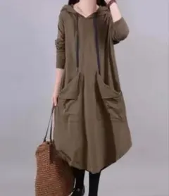 プラスサイズ…ミドル丈スリープフード付きワンピ♡