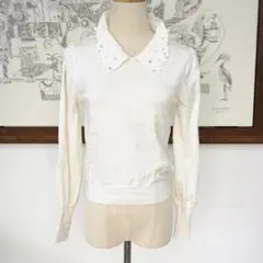 美品 ミッシュマッシュ 刺繍襟 パール ニット プルオーバー ホワイト F