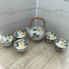 急須　蓋つき　湯呑　5客　6点まとめセット　昭和レトロ　アンティーク　葉柄