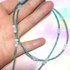 ブルー系 グラスコード チビビーズ 金具ゴールド ６８センチ