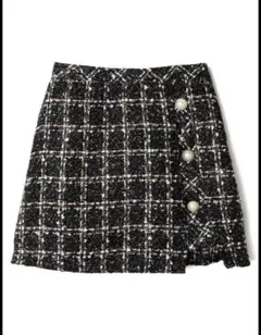 チェック柄ラップスカート　パールボタン付き