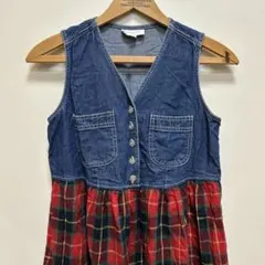 USA古着　デニム切り替え　チェック柄 ロングワンピース