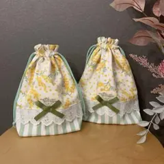 給食袋　コップ袋　2点セット　巾着袋　ミモザ柄　女の子　ハンドメイド