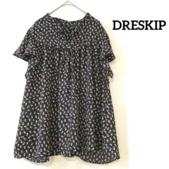 DRESKIP ボウタイ付きブラウス　半袖トップス　ブラック フラワー柄　L