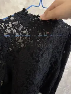 レース 長袖シャツ フリルネック 黒