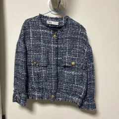 ZARA ツイード ノーカラージャケット ブルー　ゆったりシルエット
