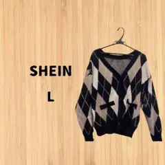 SHEIN　ニットカーディガン 黒 白 L アーガイル柄 ⭐️⭐️⭐️