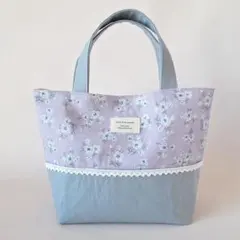 大人可愛いトルコキキョウ柄　ミニトートバッグ　ランチバッグ　ハンドメイド