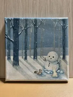 冬の友達☆アクリル画☆キャンバスアート☆15×15☆小型☆原画