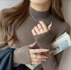 レディース タートルネック ニット セーター ブラウン シンプル ハイネック