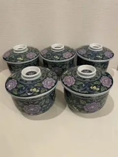 庫山窯　蓋つき煮物椀 5客セット 陶磁器 花柄のサムネイル